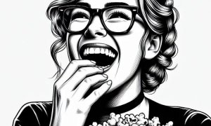 the woman laughs and eats popcorn