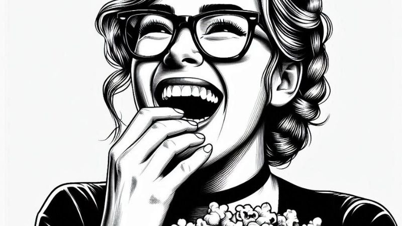 the woman laughs and eats popcorn